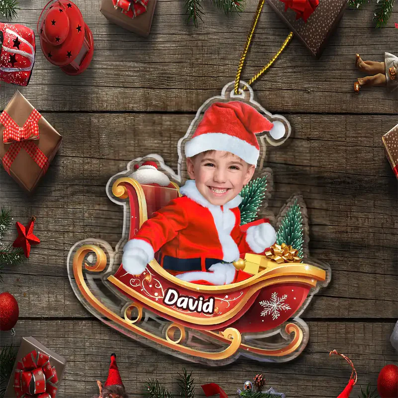 Personalized Baby Santa Acrylic Ornament in Sleigh – Custom Photo Christmas Ornament, Festive Tree Decor & Unique Holiday Gift