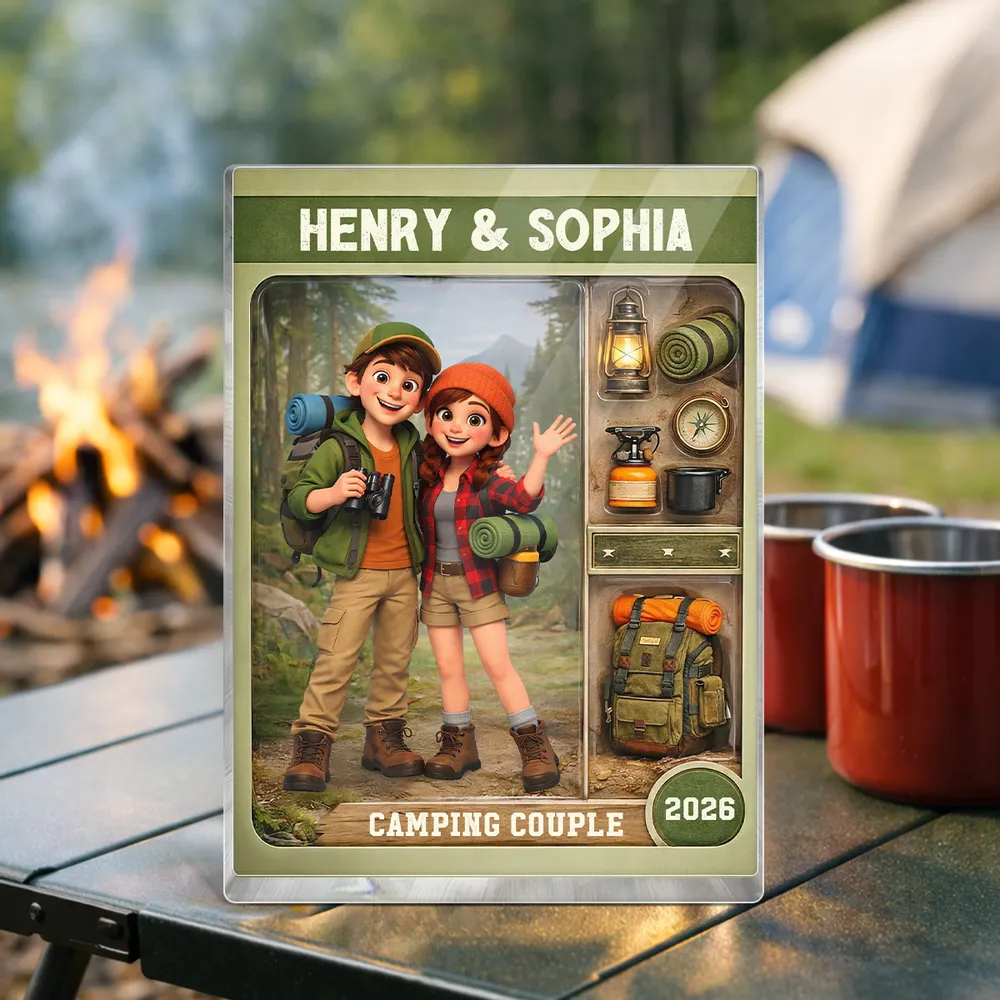 Personalized Camping Couple Rectangle Acrylic Block Plaque, Cute Cartoon Hikers Desk Decor, Unique Gift for Couples