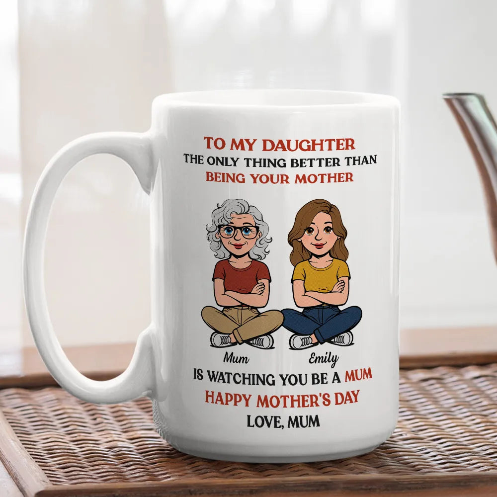 Personalized Mother-Daughter Cartoon White Ceramic Mug, Custom Names Look, Unique Mother's Day Gift for Mom