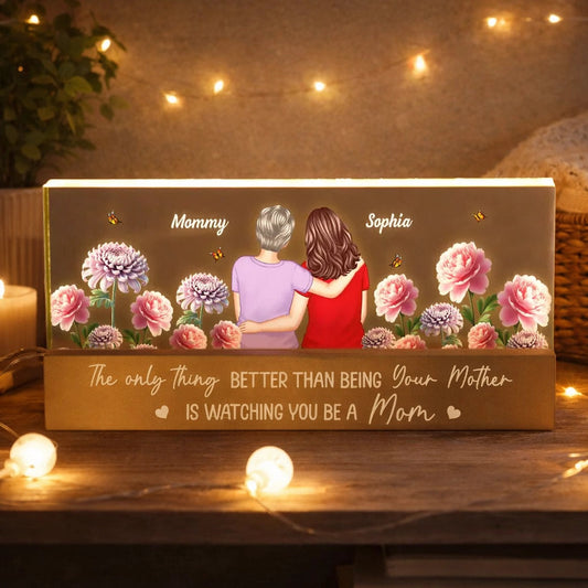 Personalized Block LED Light Plaque Mom and Daughter Hugging Floral Night Light, Unique Gift for Mom or Daughter
