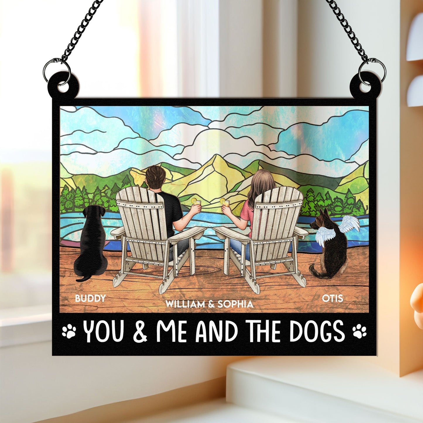 "Rustic Couple and Dogs Wood & Acrylic Ornament - Personalized Mountain View Gift"