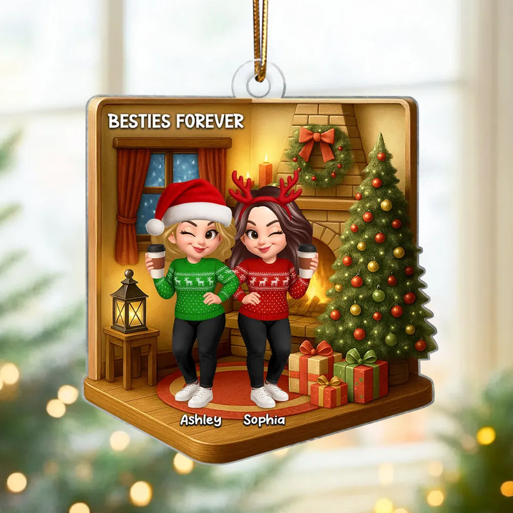 Custom Best Friends Christmas Ornament - Cozy Fireplace Design