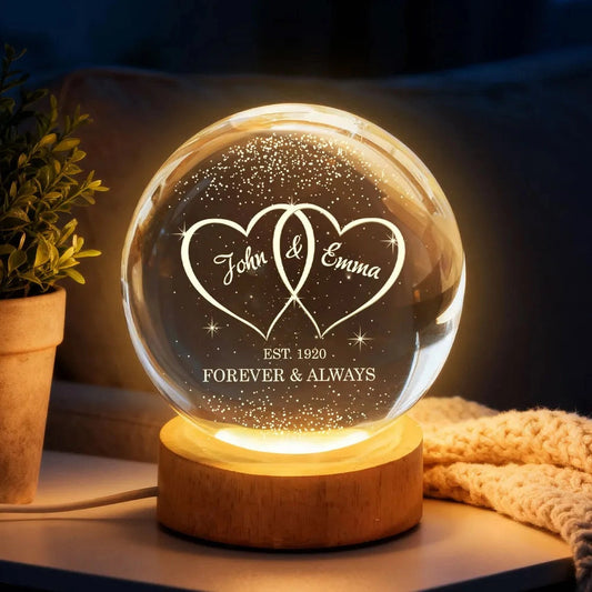 Personalized Globe Lamp with Interlocked Hearts, Romantic Bedside Glow, Unique Couple Gift for Her or Him