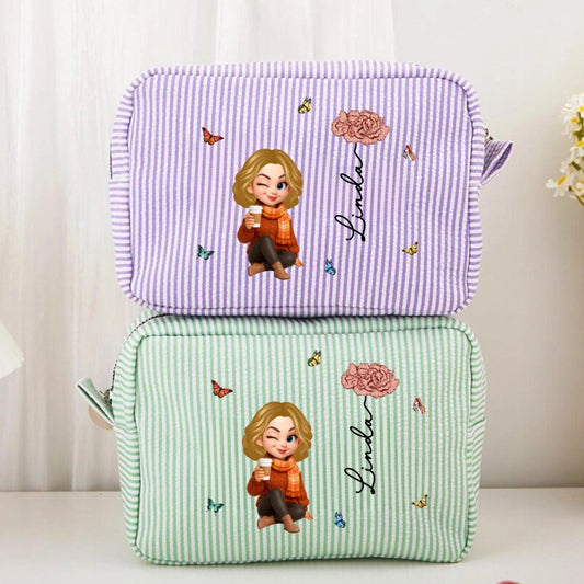 Stripes Makeup Bag with Cartoon Character Design, Portable Storage, Perfect Gift for Women