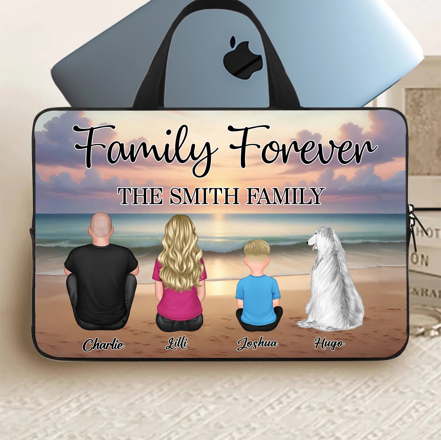 Family Forever Beach Design - Personalized Leather Tote Bag, Wooden Carhanger, LED Plaque, Keychain, Poster, Wallet Card, and Pillow, Unique Gift