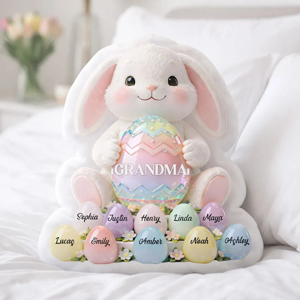 Grandma Easter Bunny Shaped Pillow, Personalized Keepsake With Pastel Egg Art, Sweet Home Decor Gift for Grandma