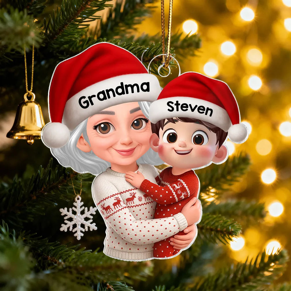 Christmas Acrylic Ornament - Grandma Hugging Grandkid in Santa Hats, Cute Cartoon Tree Decor, a Unique Gift for Family