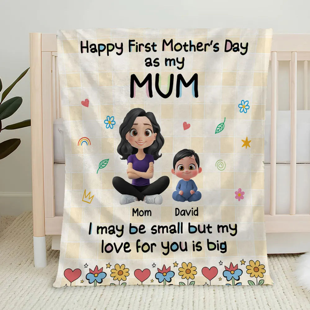 Happy First Mother's Day Personalized Fleece Blanket, Sweet Mom and Baby Illustration, Cozy Keepsake Gift for New Moms