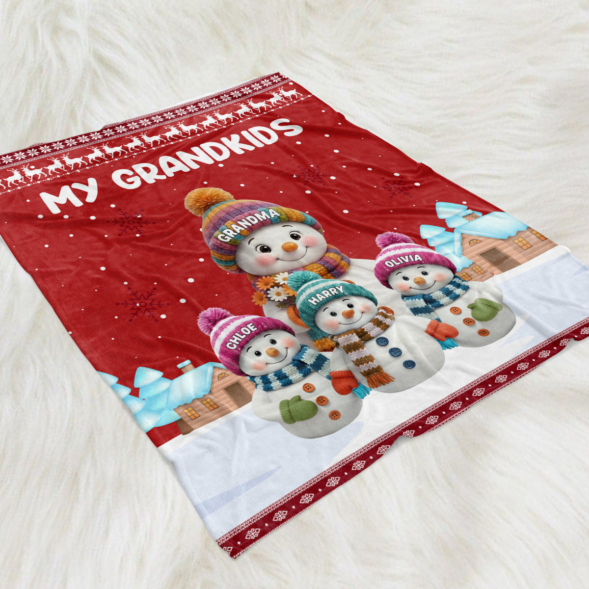 Custom My Grandkids Fleece Blanket, Cute Snowman Family Winter Scene, Warm Keepsake Throw and Thoughtful Grandparent Gift