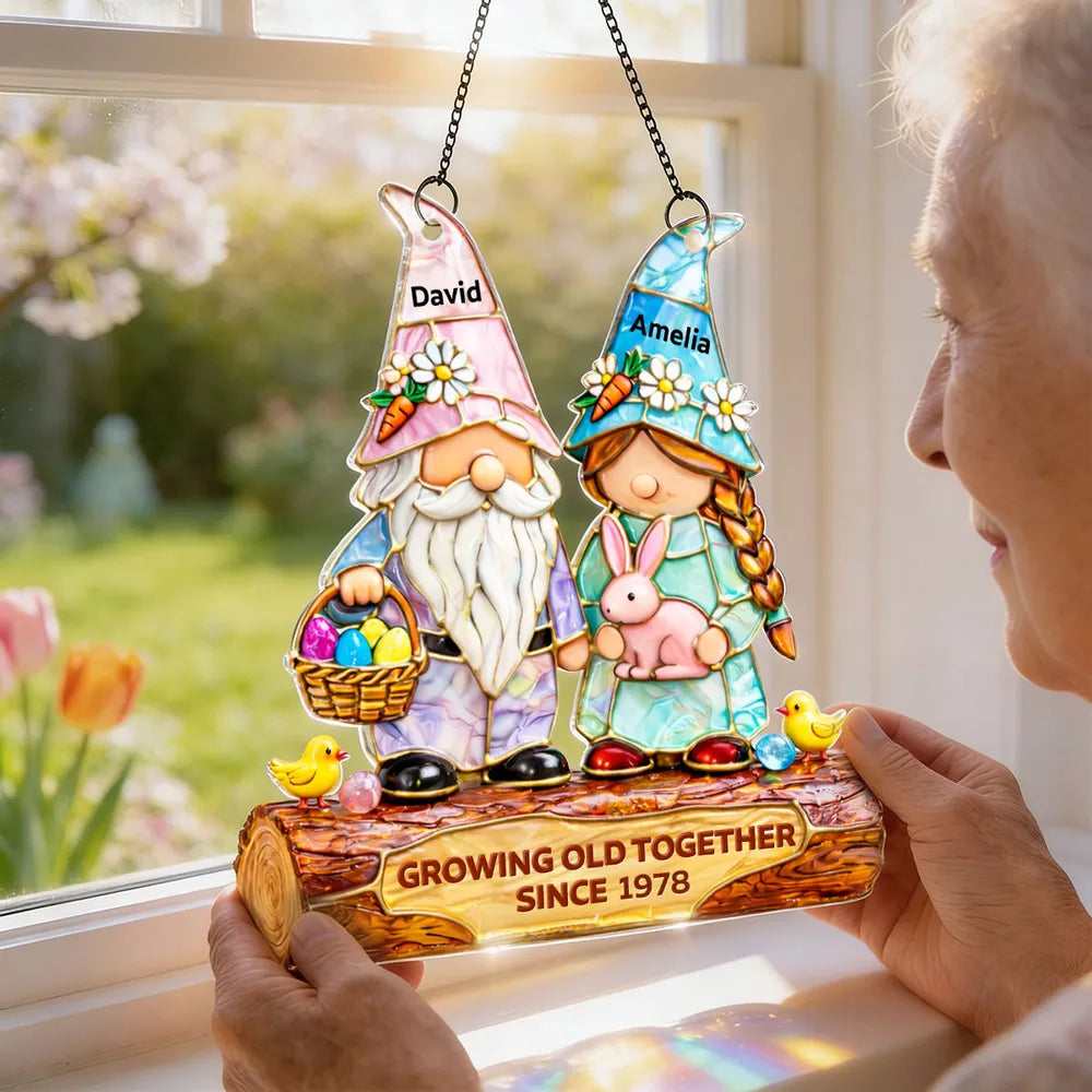 Personalized Acrylic Suncatcher Ornament Cute Gnome Couple Window Decor, Sunlit Colorful Display, Unique Anniversary Gift