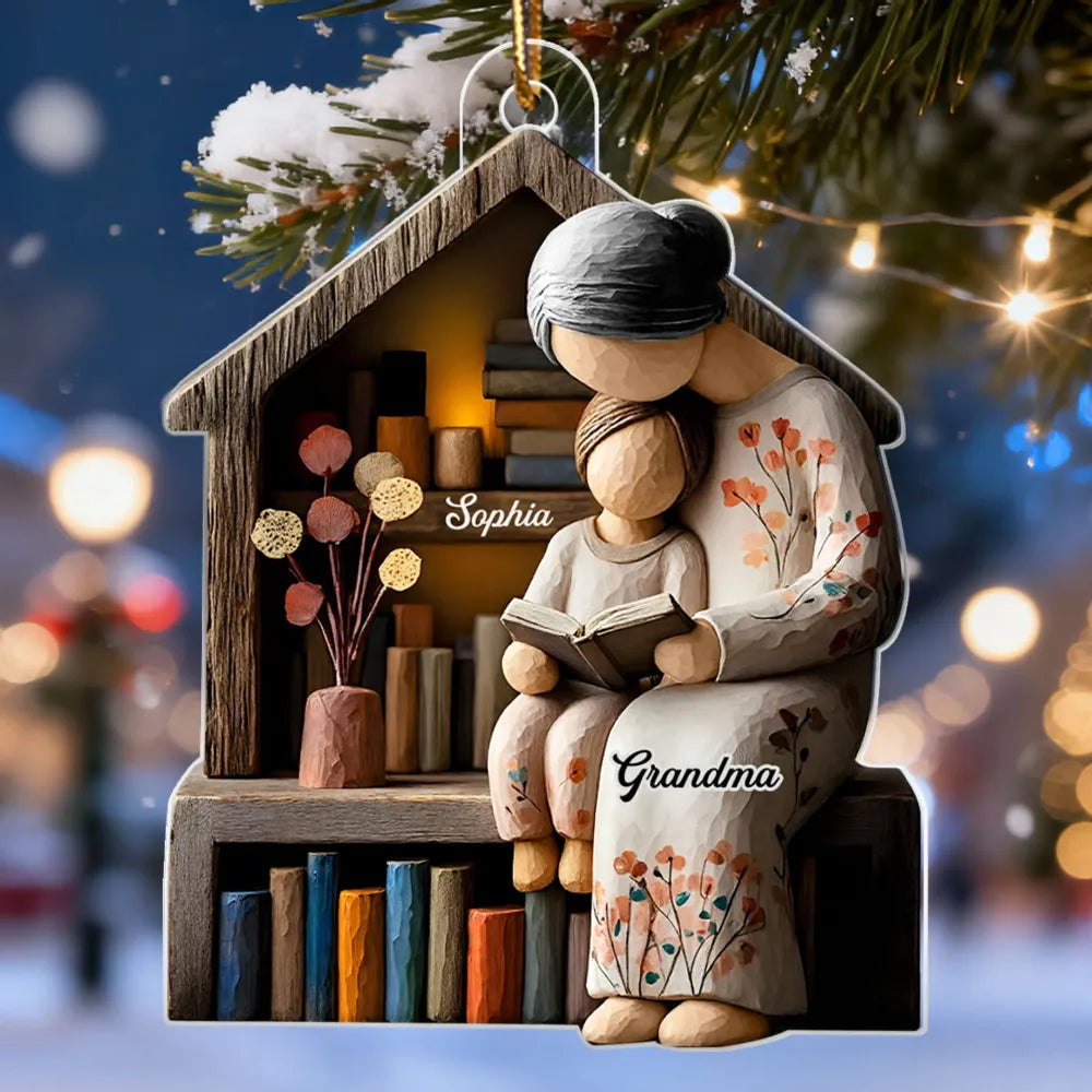 Acrylic Ornament Personalized for Grandma, Sweet Storytime Scene With Books and Warm Lights, Unique Holiday Keepsake Gift