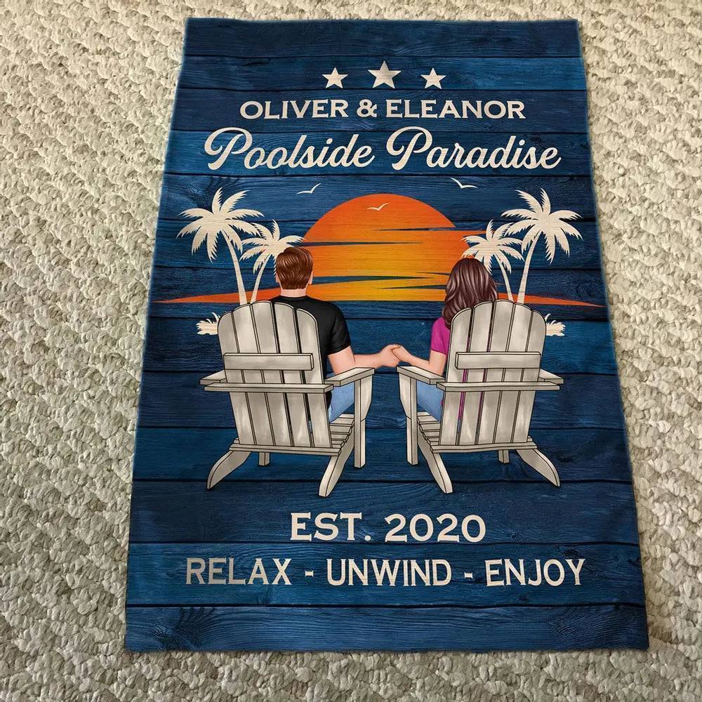 Relaxing Poolside Paradise Decor with Optional Flag Background Couple Sitting Personalized Flag, Sign, Vase - Perfect for Garden, Housewarming, Birthday, Anniversary Gift for Him, Her