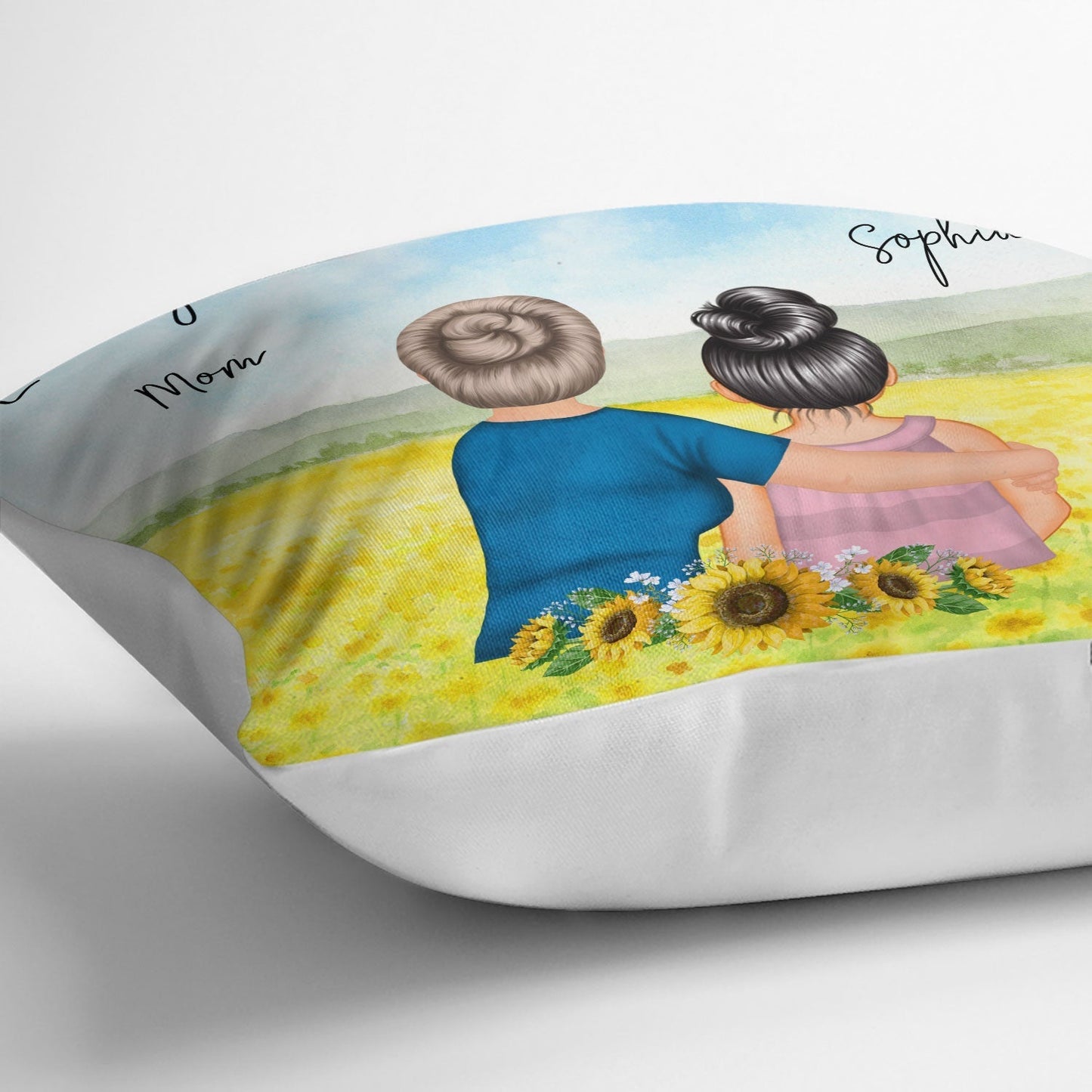 Mother And Daughter Pillow With Watercolor Mountain View, Hugging Scene Cushion, Unique Gift For Mom And Cozy Sofa Decor