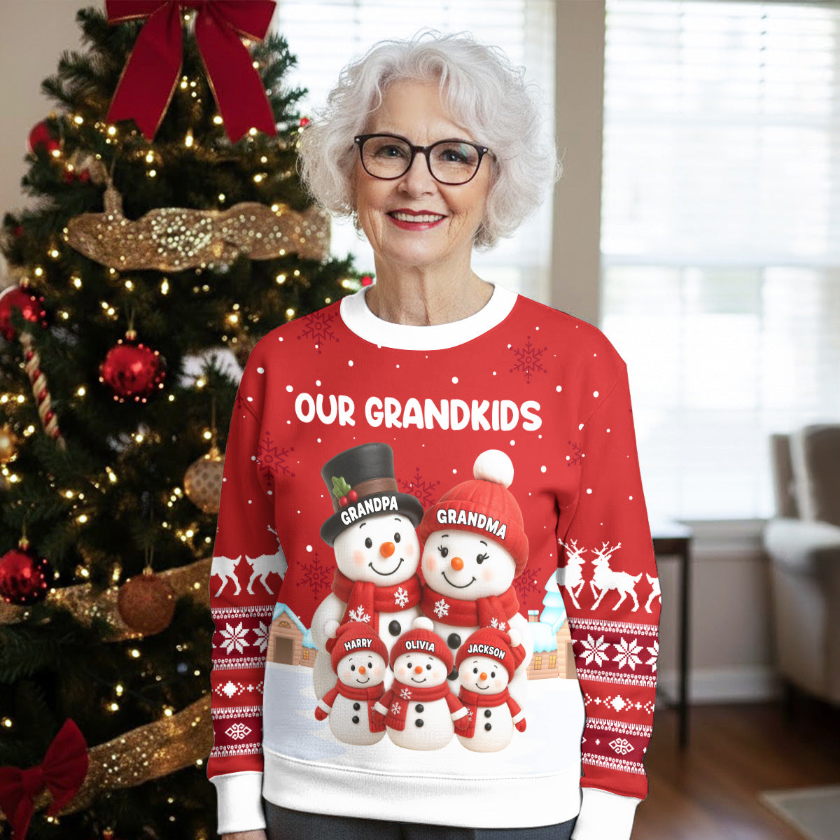 Custom Our Grandkids Snowman Printed Sweatshirt, Cute Winter Grandparent Gift for Proud Nana and Papa, Heartwarming Christmas Surprise