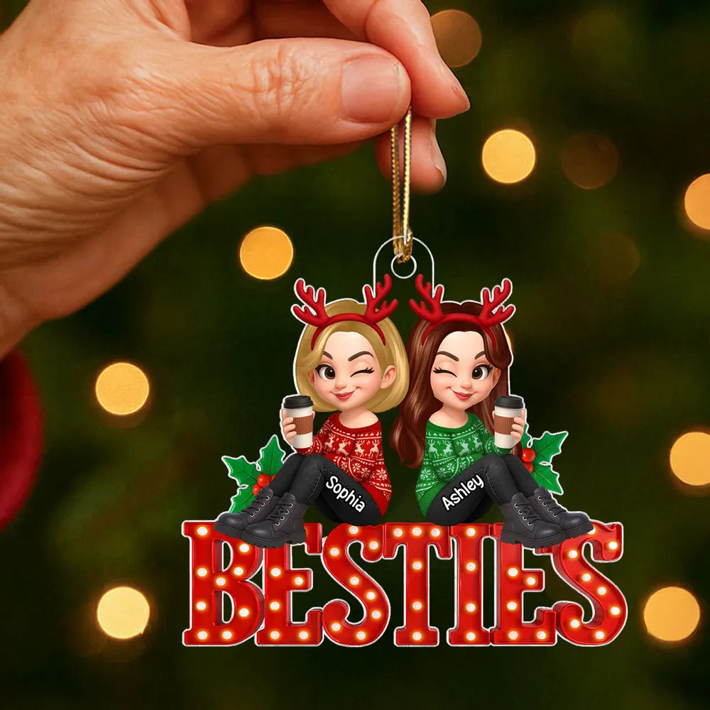 Acrylic Ornament Featuring Besties Cartoon Characters with Holiday Elements, Heartwarming Friendship Gift for Holiday Season