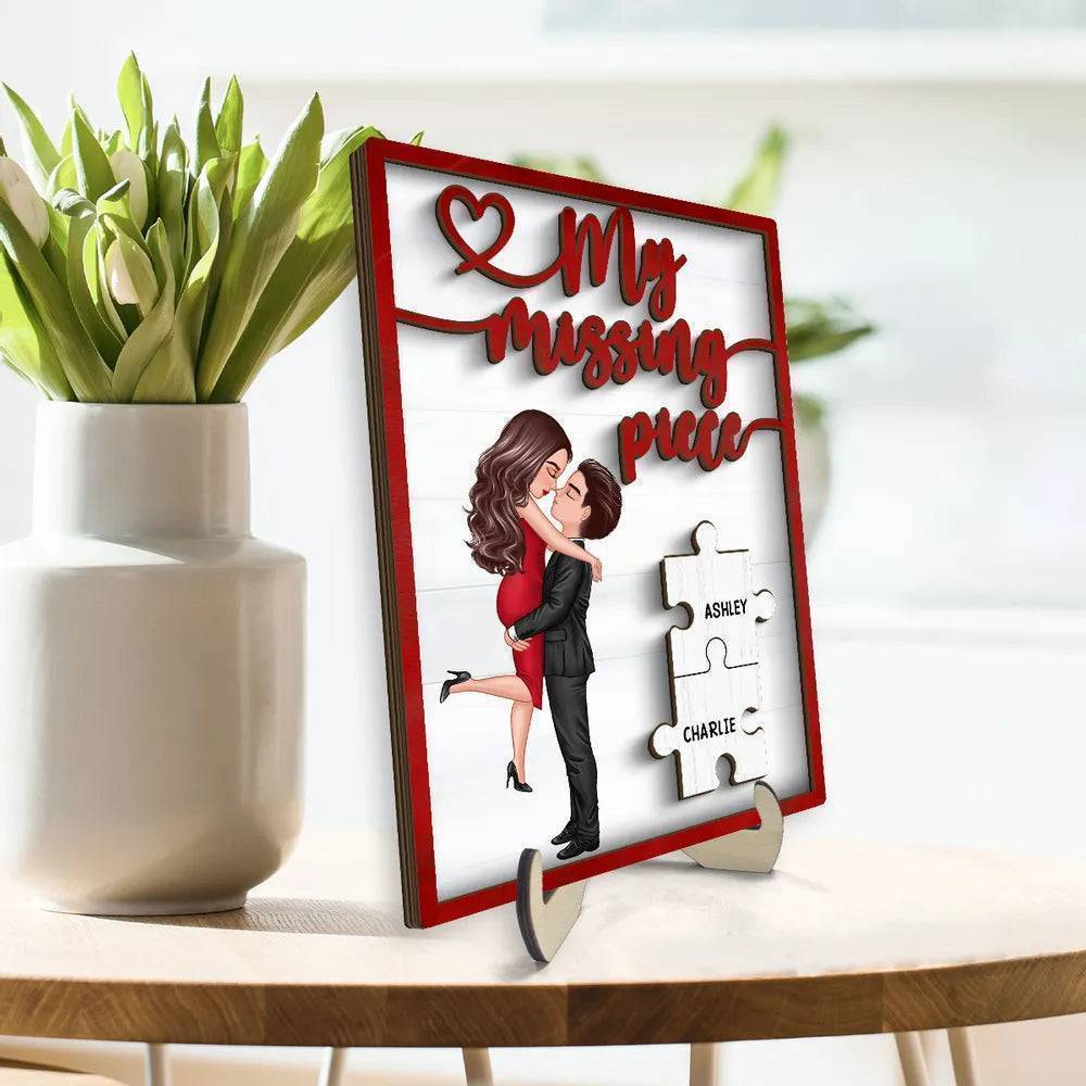 Embrace of Love - 'My Missing Piece' Personalized 2-Layer Wooden Plaque with Hugging & Kissing Couple - Ideal Valentine's & Anniversary Gift for Him & Her