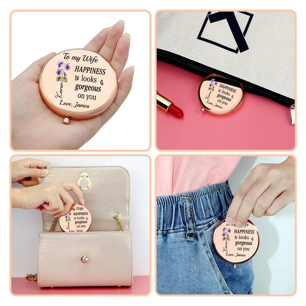 Metal Compact Mirror for Wife, Rose Floral Love Message, Purse Travel Touch-Up, Romantic Unique Gift
