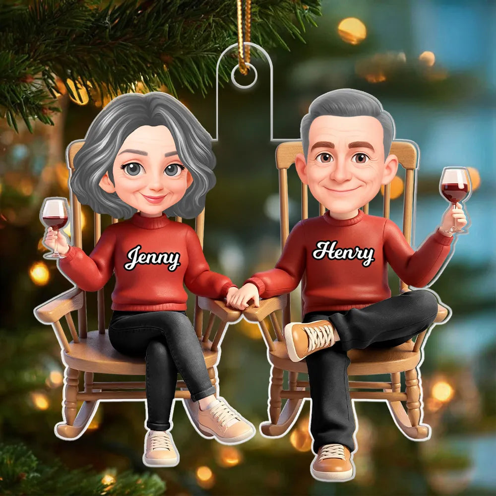 Personalized Acrylic Ornament Cartoon Couple Holding Hands in Rocking Chairs Unique Gift for Him & Her