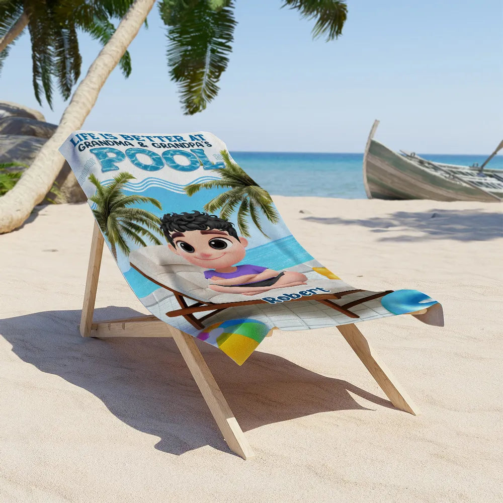 Custom Beach Towel for Grandchildren – Poolside Lounge Design, Gift from Grandma & Grandpa
