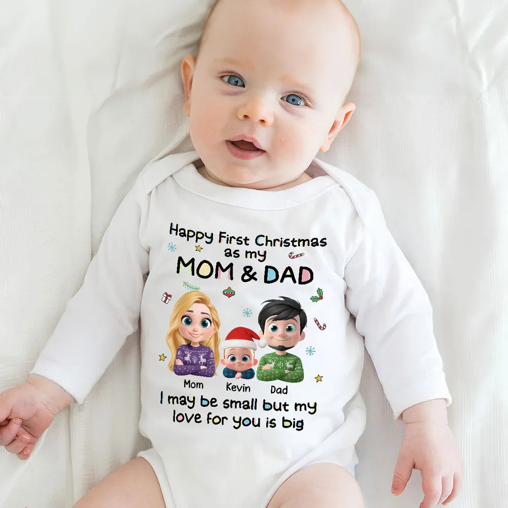Custom First Christmas Long Sleeve Baby Onesie, Cute Mom Dad and Baby Illustration, Personalized Holiday Outfit and Heartwarming Newborn Gift