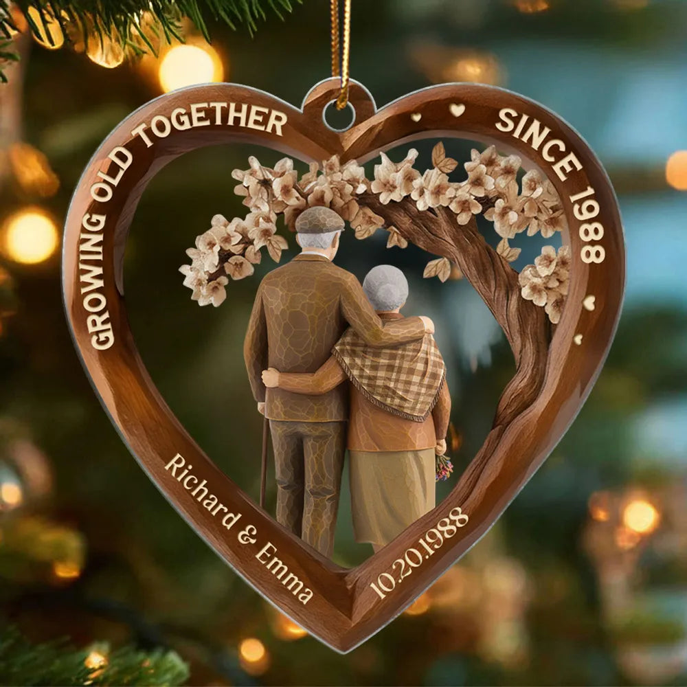 Personalized Heart Acrylic Ornament with Couple Hugging Under Blossoms, Unique Anniversary Gift for Husband or Wife