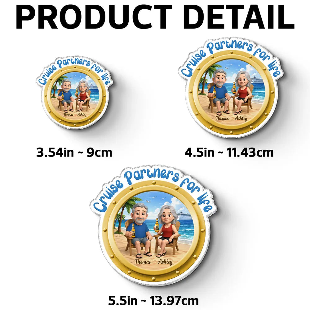 Cruise-Themed Personalized Acrylic Magnet with Beach Cartoon Couple and Ship View, Sweet Unique Gift for Couples