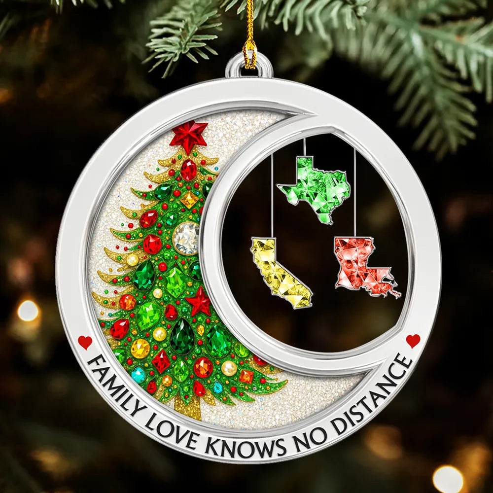 Personalized Acrylic Ornament with Gemstone Christmas Tree & States – Family Love Knows No Distance, Unique Holiday Gift
