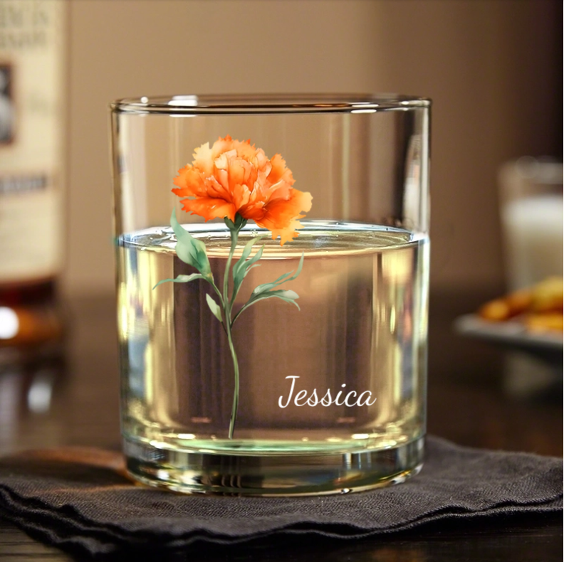 Personalized Floral Whiskey Glass, Custom Daisy Design with Name - Perfect Gift for Her
