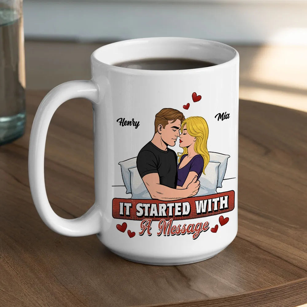 Personalized Ceramic Mug It Started With A Message Couple Hugging Cute Cartoon Style Unique Romantic Gift