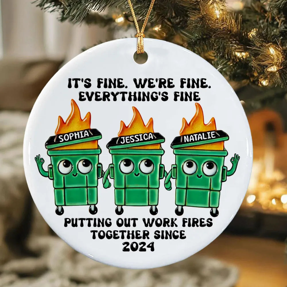 Personalized Ceramic Ornament with Funny Dumpster Fire Characters, Unique Coworker Gift for Office Friends & Work Besties