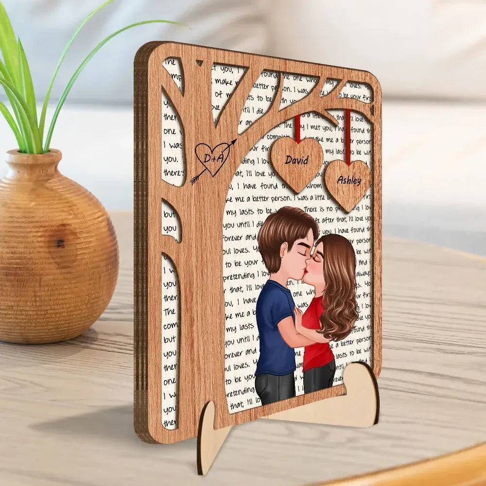 Love's Silhouette - Engraved Kiss Under the Tree Plaque with Alphabet Backdrop - Personalized Romantic Wooden Art