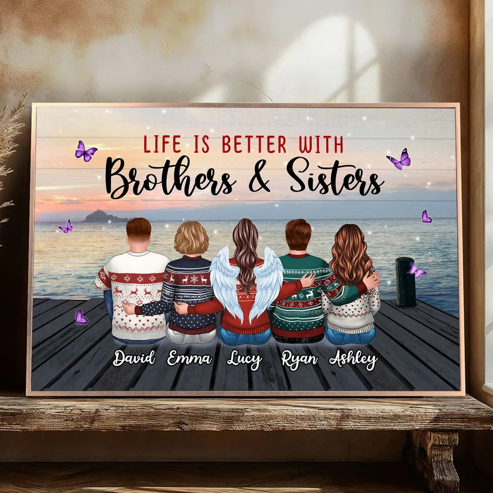 Personalized Brothers & Sisters Sunset Dock Poster, Sitting Siblings Wall Art, Unique Gift for Family