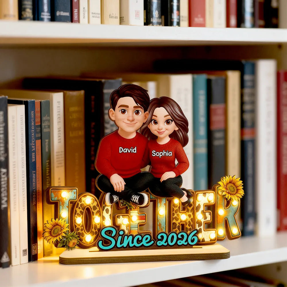 2-Layer Wooden Plaque with Cute Cartoon Couple Sitting Together, Sweet Home Decor Keepsake Gift