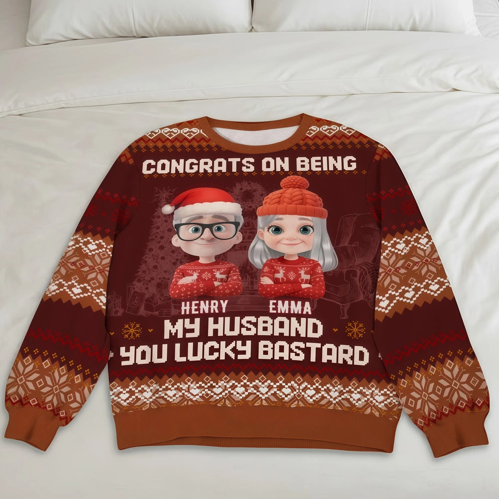 Custom Cartoon Couple Printed Sweatshirt for Husband – Playful Christmas-Inspired Design, One-of-a-Kind Romantic Gift