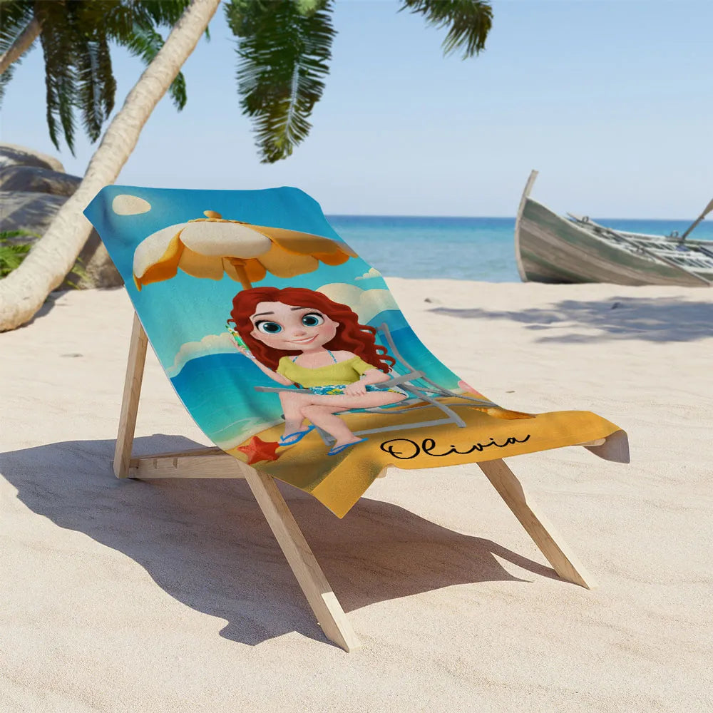 Custom Cartoon Beach Towel – Relax & Sip Under the Sun, Perfect Gift for Wife