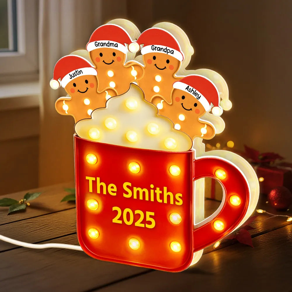 Acrylic Light Box Gingerbread Mug with Santa Hats, Cozy Christmas Glow, Custom Design, Unique Family Gift