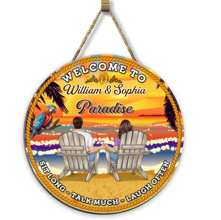Relaxing Poolside Paradise Decor with Optional Flag Background Couple Sitting Personalized Sign, Flag, Vase - Perfect for Garden, Housewarming, Birthday, Anniversary Gift for Him, Her