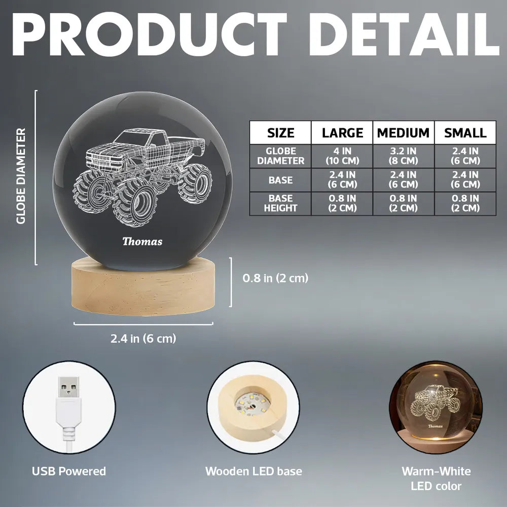 Personalized Crystal Ball LED Night Light – Boy Man Hobby Illusion Art Truck Night Light Desk Decor Unique Creative Gift