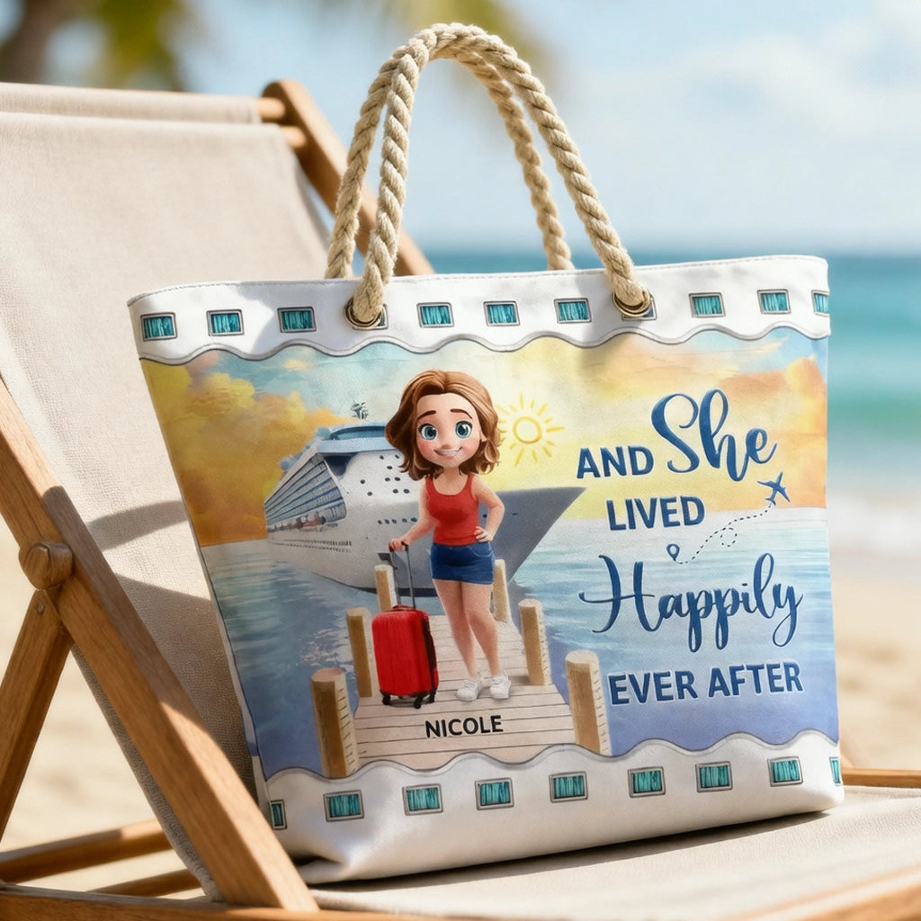 Personalized Rope Handle Canvas Bag Cruise Girl Beach Scene, Cute Cartoon Travel Gift for Cruise Lovers