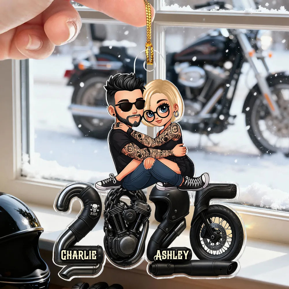 Cute Romantic Acrylic Ornament of a Hugging Biker Couple, Personalized Christmas Ornament, Sweet Unique Gift for Him or Her
