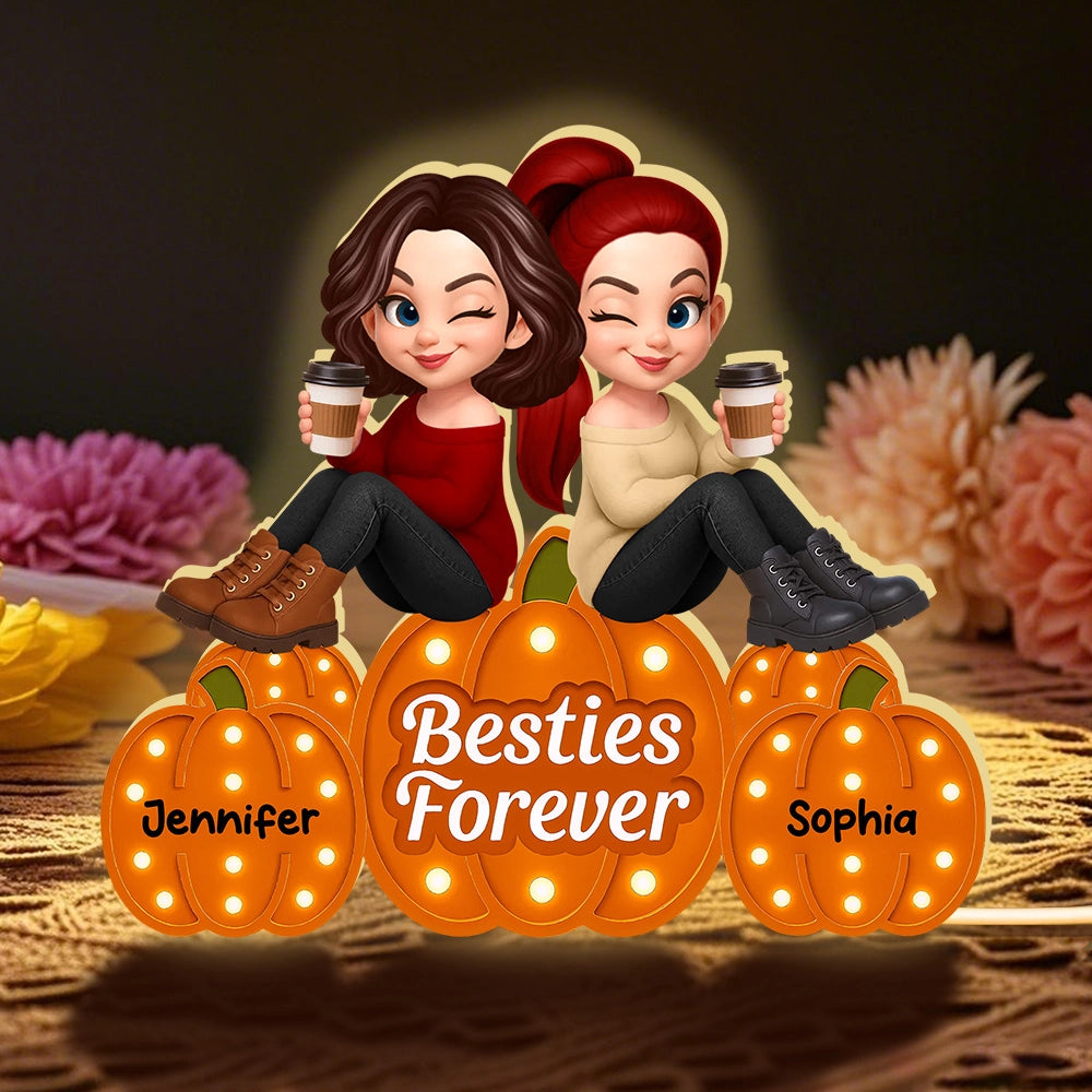 Besties Forever Acrylic Light Box with Pumpkin Marquee Glow, Sitting Friends, Cozy Fall Decor, a Unique Gift for Best Friend