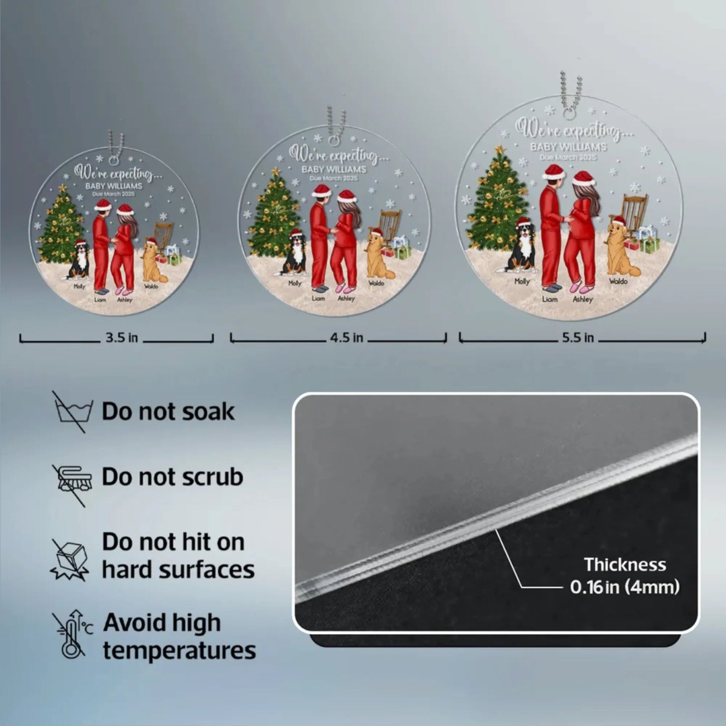 Acrylic Ornament, Expecting Couple by Christmas Tree, Cute Illustration, Unique Gift for Mom-to-Be & New Parents