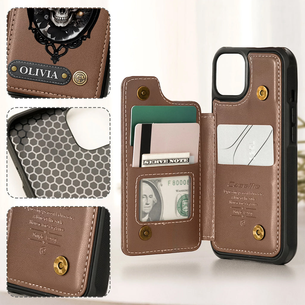 Gothic Floral Skull - Personalized Skull Wallet Phone Case