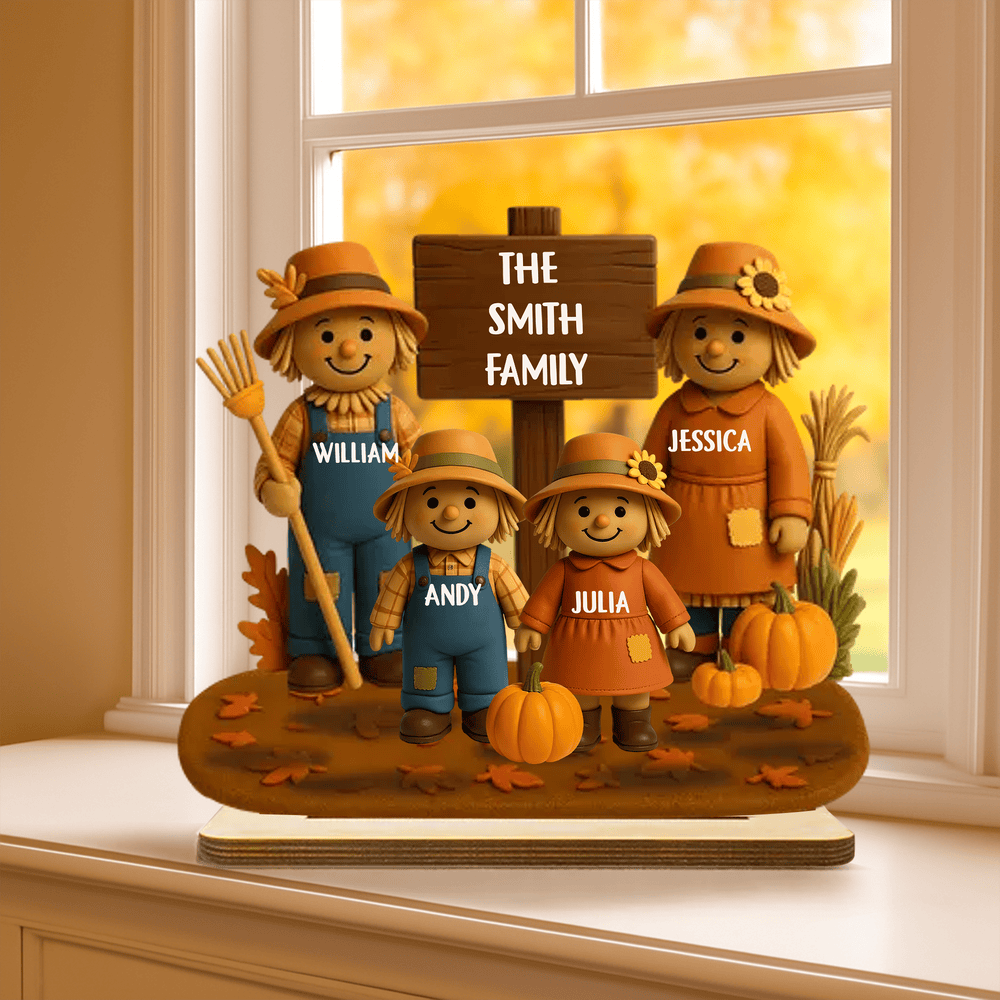 Personalized Scarecrow Family Wooden Plaque – Cozy Harvest Décor for Home