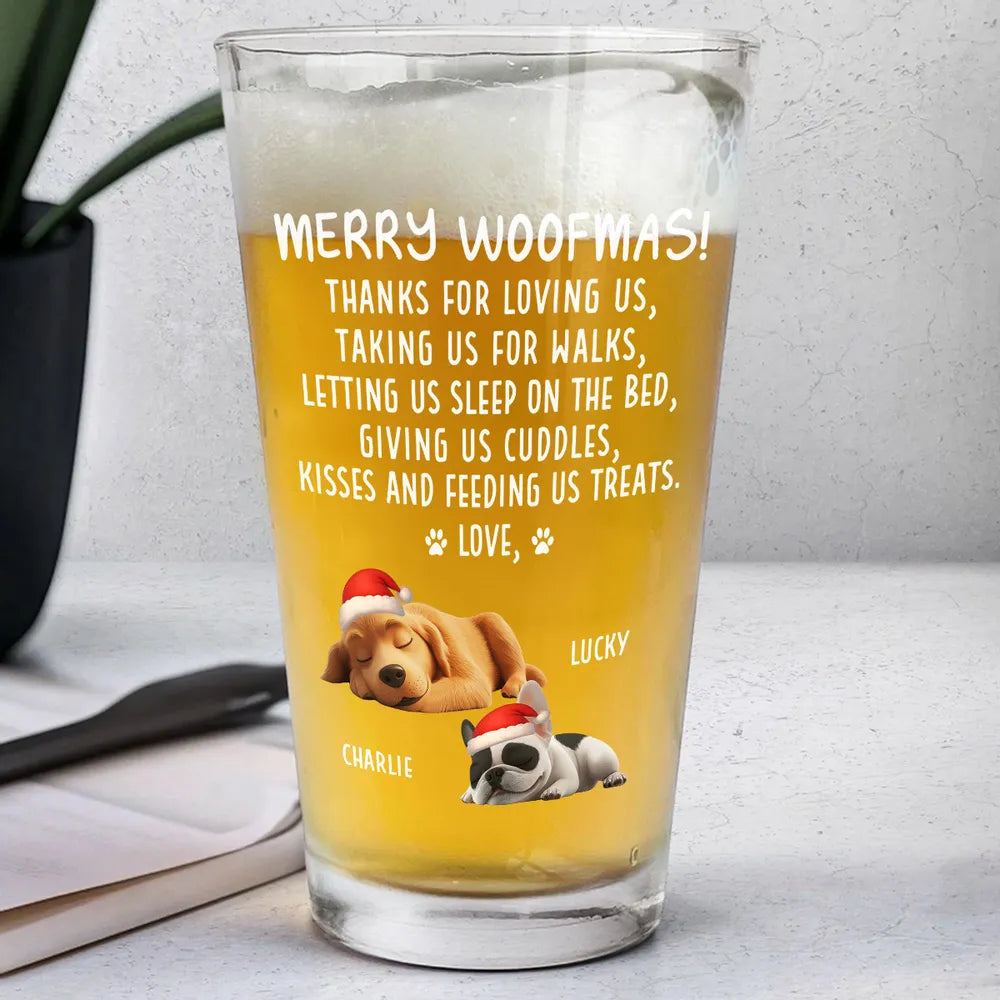 Merry Woofmas Beer Glass with cute dog print, fun holiday gift for dog owners and pet lovers