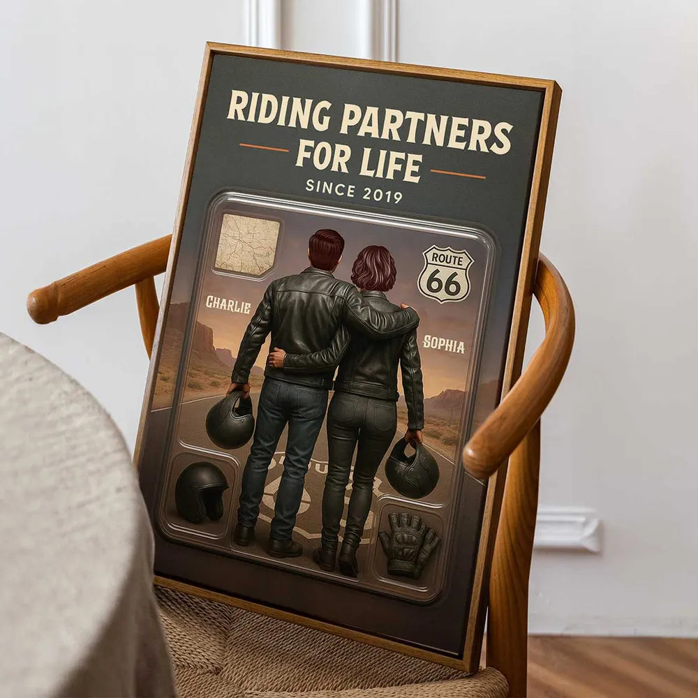 Personalized Biker Couple Poster Riding Partners For Life Route 66 Sunset Wall Art - Unique Gift For Couples
