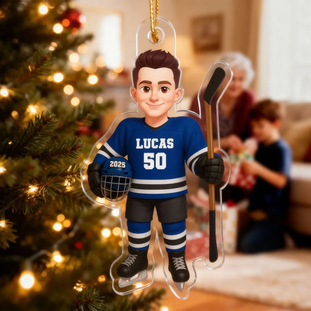 Acrylic Ornament - Personalized Hockey Player Cartoon Holding Stick, Christmas Tree Decor, Unique Gift for Players & Fans