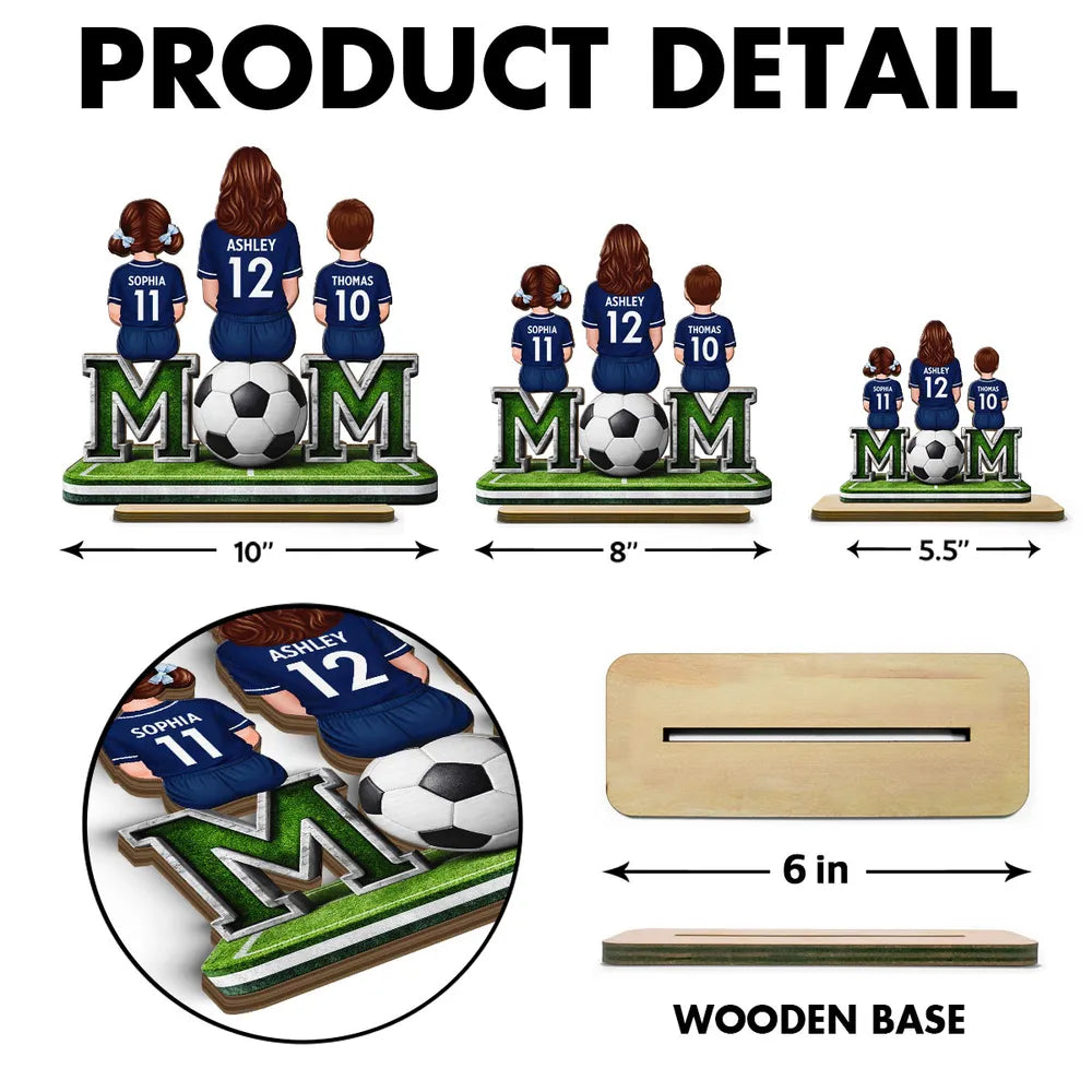 Personalized Soccer Mom and Kids 2-Layer Wooden Plaque, Sitting on Field with Ball, Unique Gift for Mom with Heartfelt Keepsake