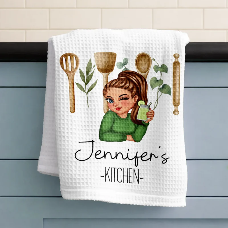 Custom Kitchen Towel for Mom or Grandma, Playful Blonde Cartoon Cook with Wine Glass, Unique Personalized Gift for Home Cooks
