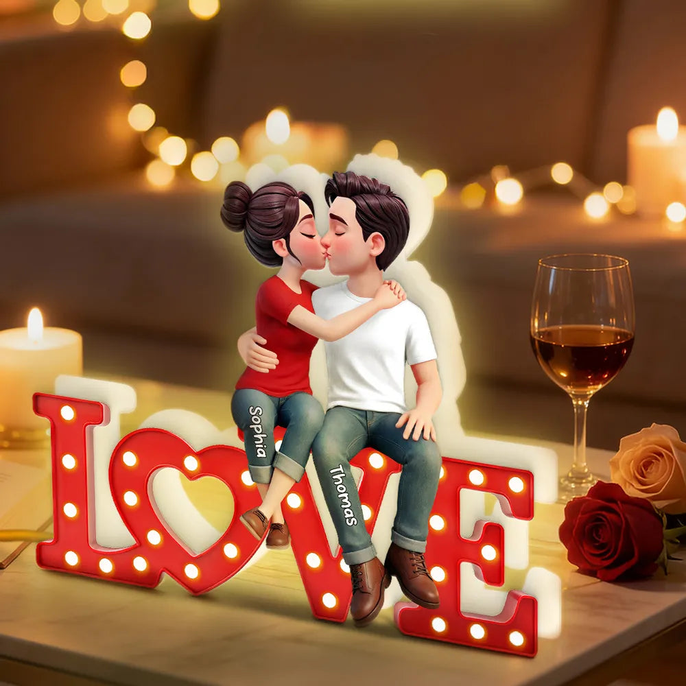Personalized Acrylic Light Box with Kissing Couple on LOVE Sign, Warm Glow Bedroom Decor, Unique Gift for Him or Her